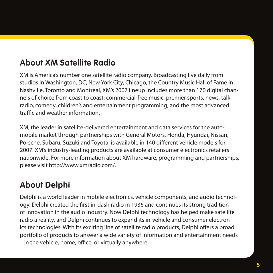 About xm satellite radio, About delphi | Delphi XpressRC SA10316 User Manual | Page 5 / 76