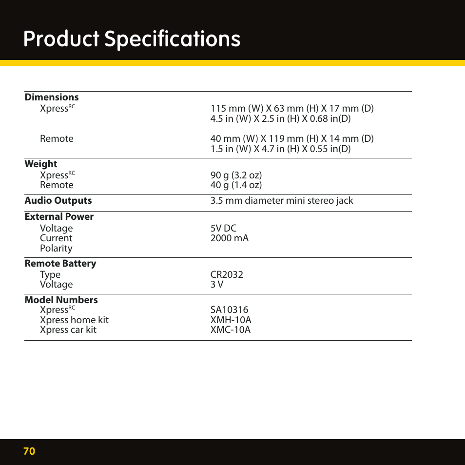 Product specifications | Delphi XpressRC SA10316 User Manual | Page 70 / 76
