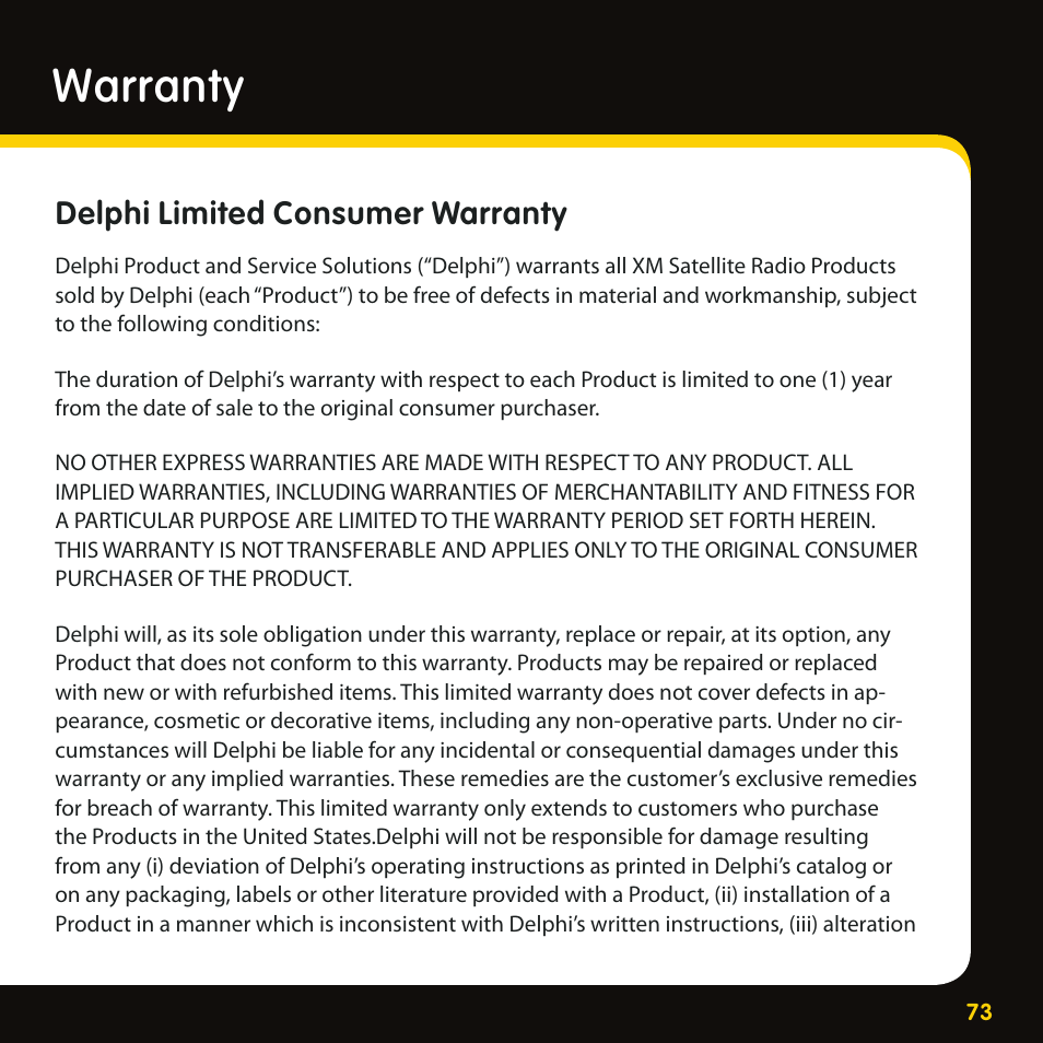 Warranty, Delphi limited consumer warranty | Delphi XpressRC SA10316 User Manual | Page 73 / 76