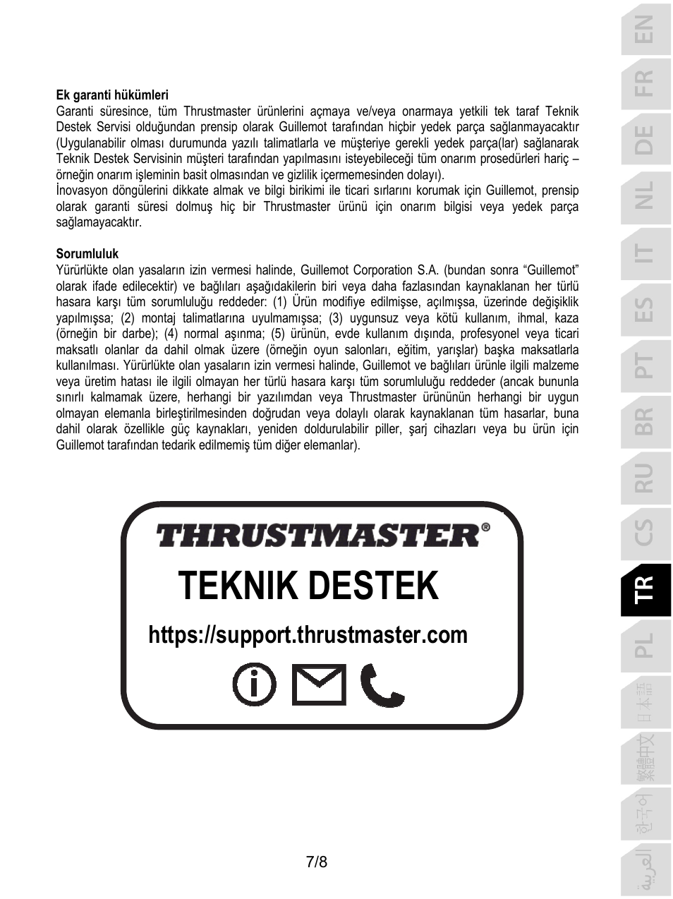 Teknik destek | Thrustmaster F/A-18C Hornet HOTAS Add-On Grip User Manual | Page 88 / 169