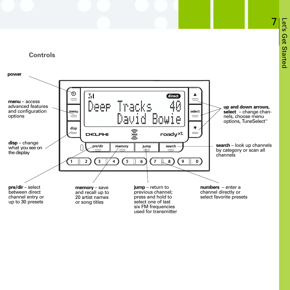 Parts & controls, Front panel, Let’ s get started | Controls | Delphi SA10201 User Manual | Page 19 / 60