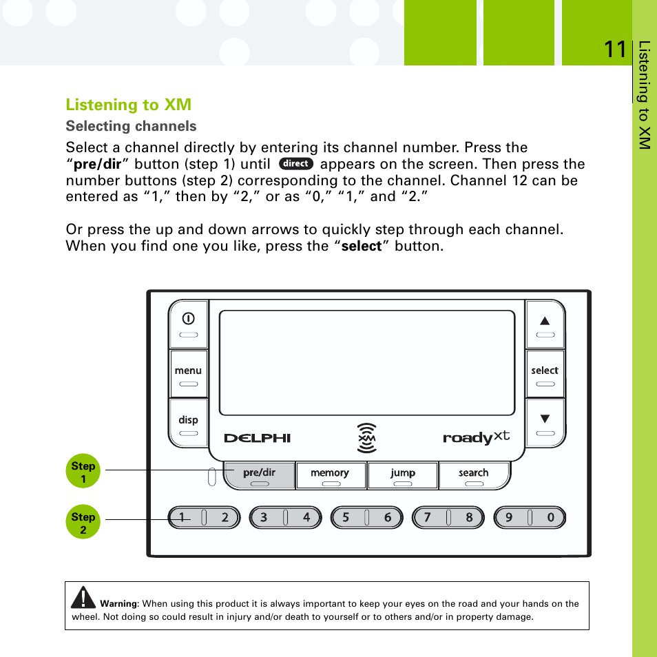 Operation, Selecting channels, Listening to xm | Delphi SA10201 User Manual | Page 23 / 60