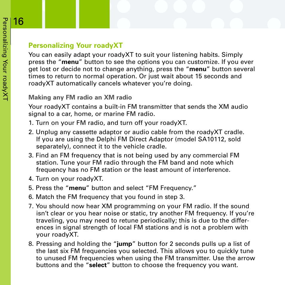 Personalizing the roady, Fm modulator settings | Delphi SA10201 User Manual | Page 28 / 60