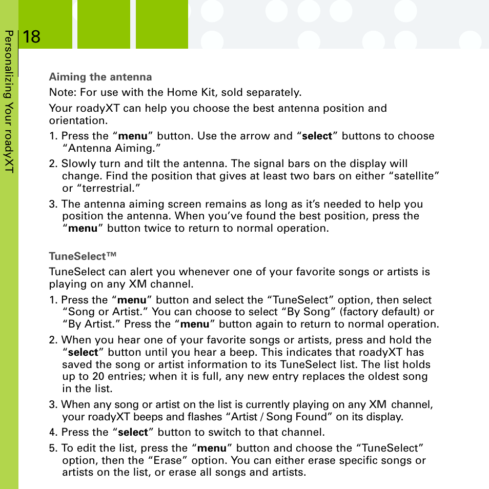 Aiming the antenna, Tuneselect | Delphi SA10201 User Manual | Page 30 / 60