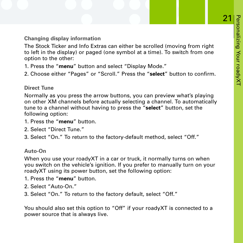Changing display information, Direct tune, Auto-on | Delphi SA10201 User Manual | Page 33 / 60