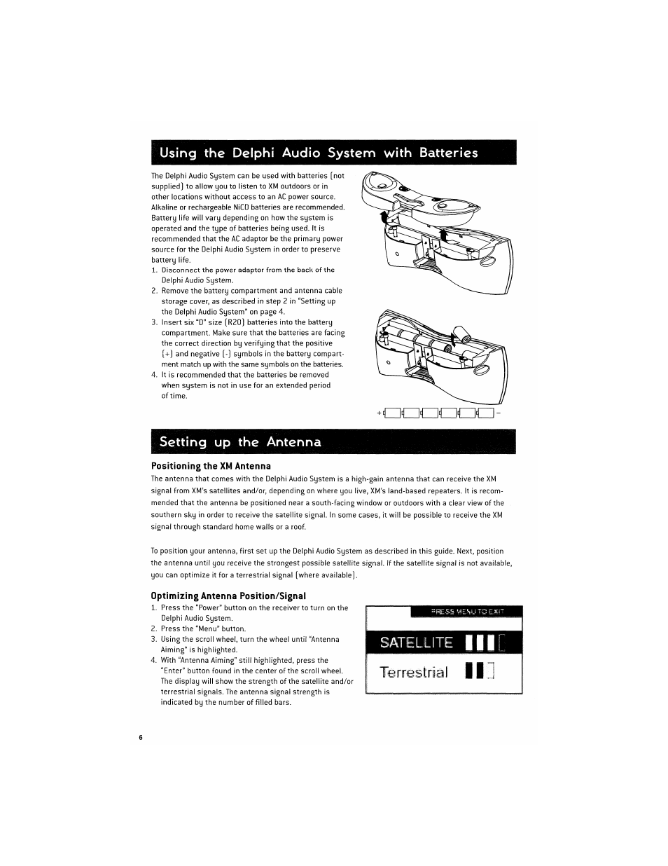 Using with batteries, Antenna setup / aiming | Delphi SA10201 User Manual | Page 6 / 60