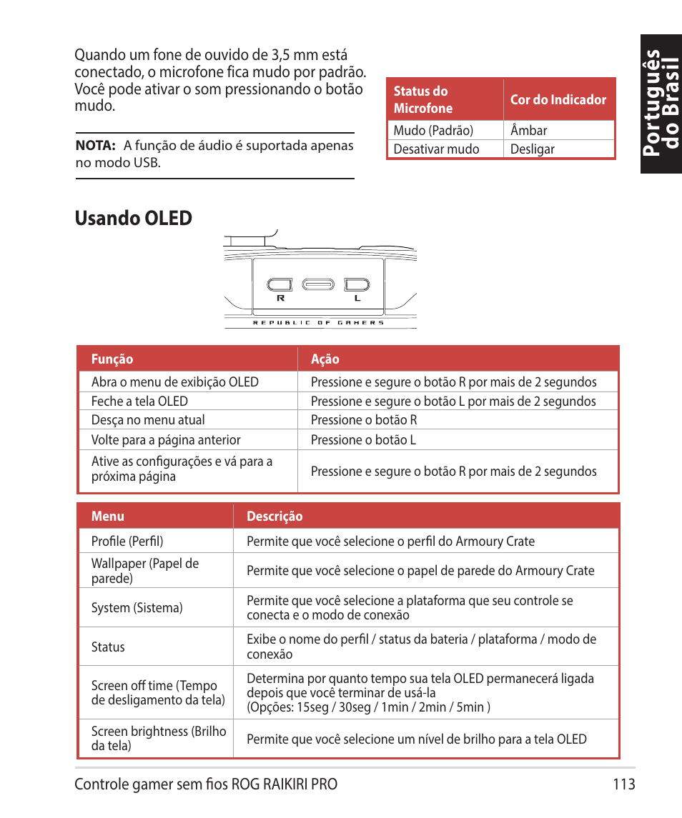 Por tuguês do br asil, Usando oled | Asus ROG Raikiri Pro Gaming Controller User Manual | Page 113 / 150