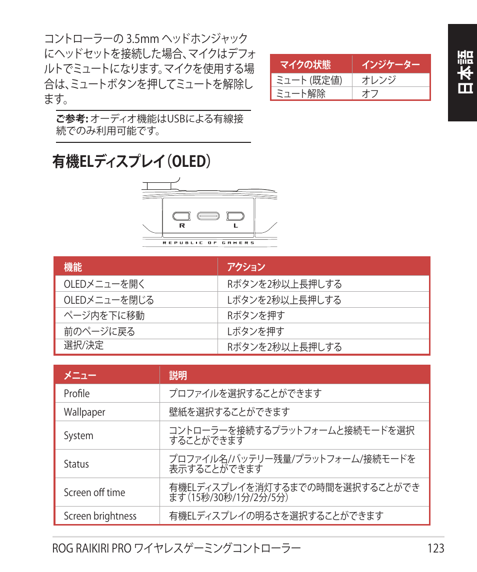 日本 語, 有機elディスプレイ（oled | Asus ROG Raikiri Pro Gaming Controller User Manual | Page 123 / 150
