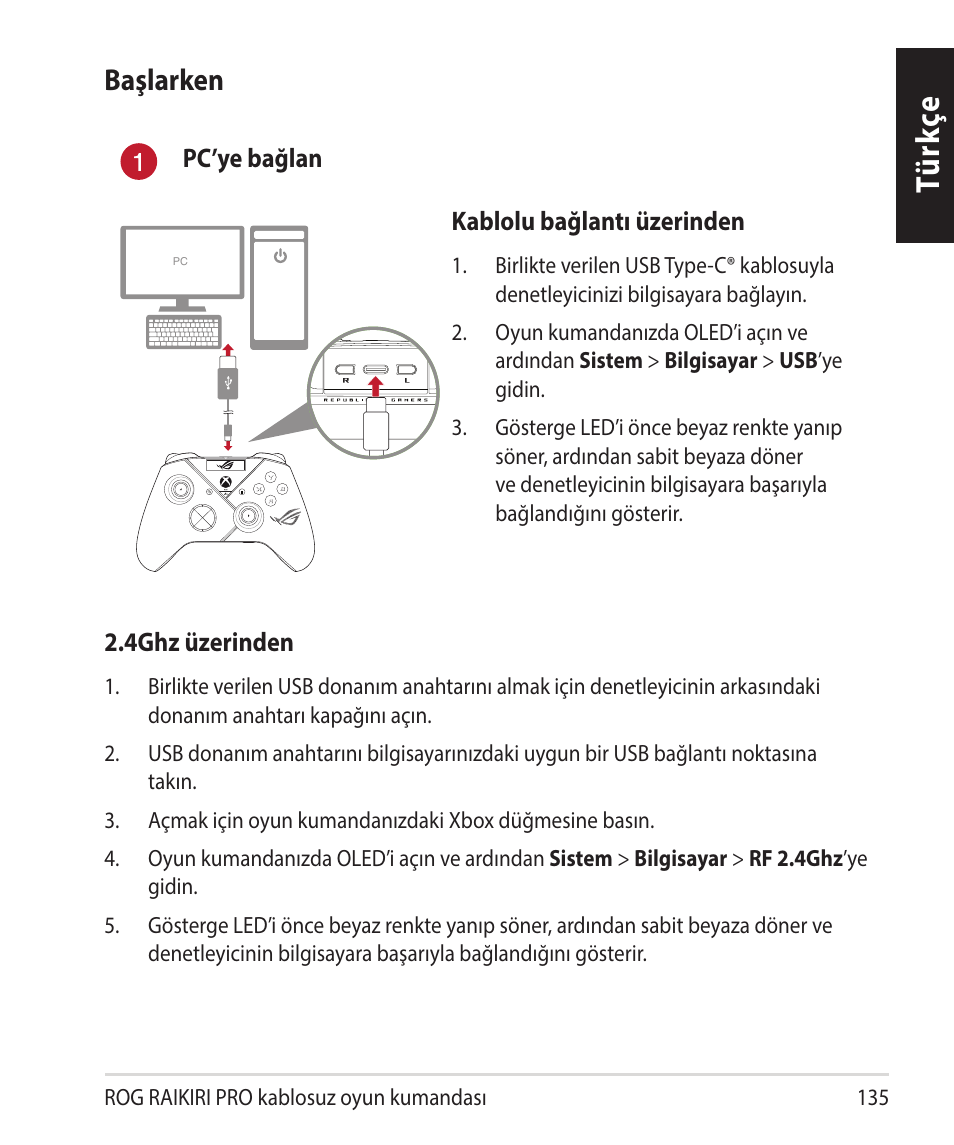 Tü rk çe, Başlarken | Asus ROG Raikiri Pro Gaming Controller User Manual | Page 135 / 150