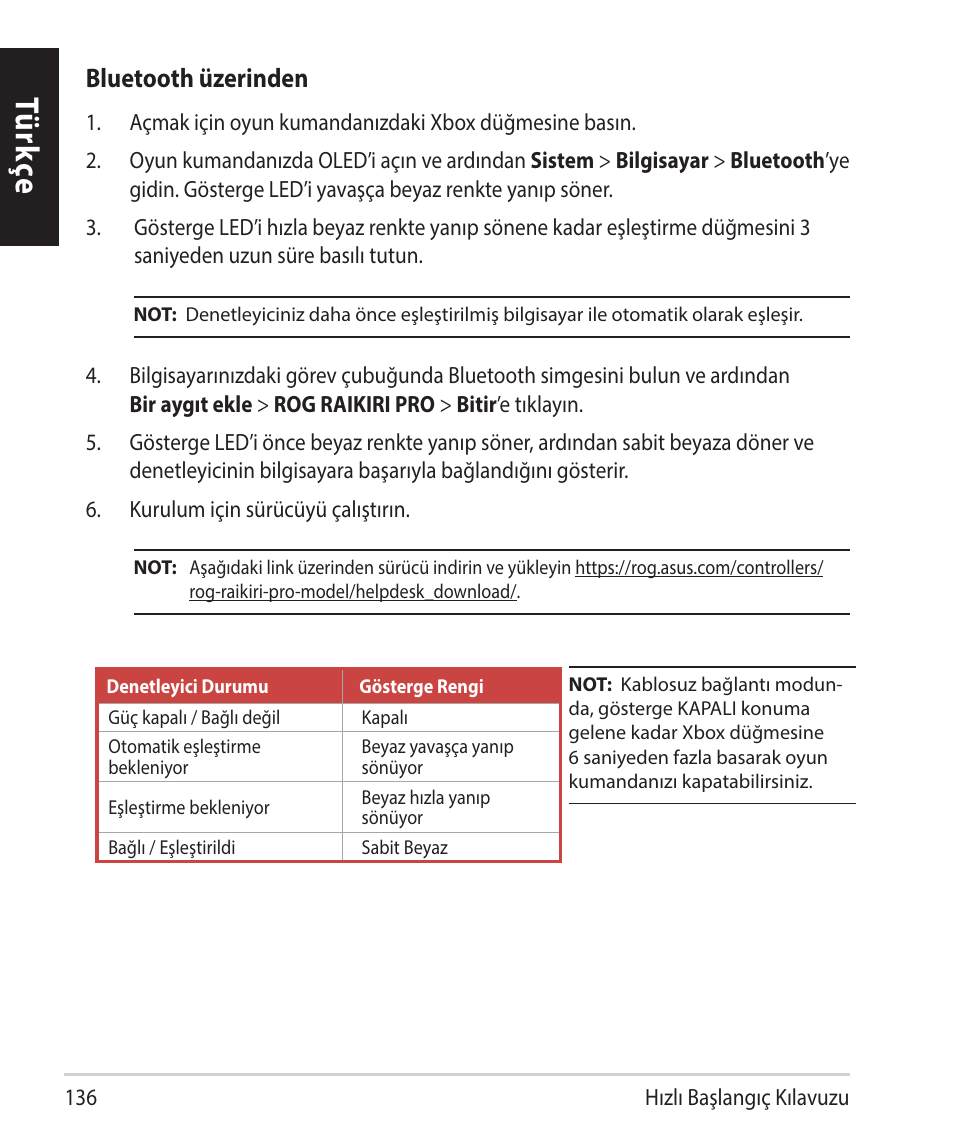 Tü rk çe, Bluetooth üzerinden | Asus ROG Raikiri Pro Gaming Controller User Manual | Page 136 / 150