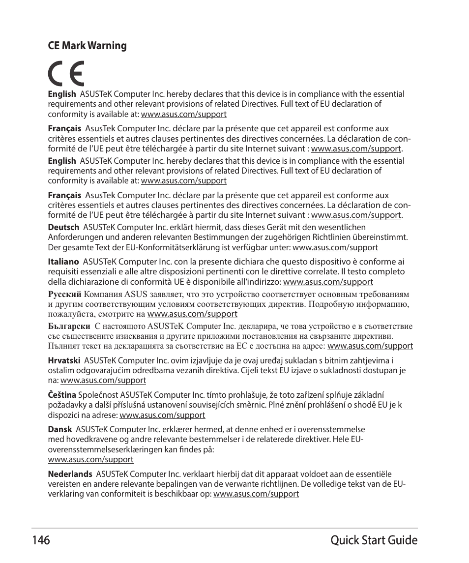 Ce mark warning | Asus ROG Raikiri Pro Gaming Controller User Manual | Page 146 / 150