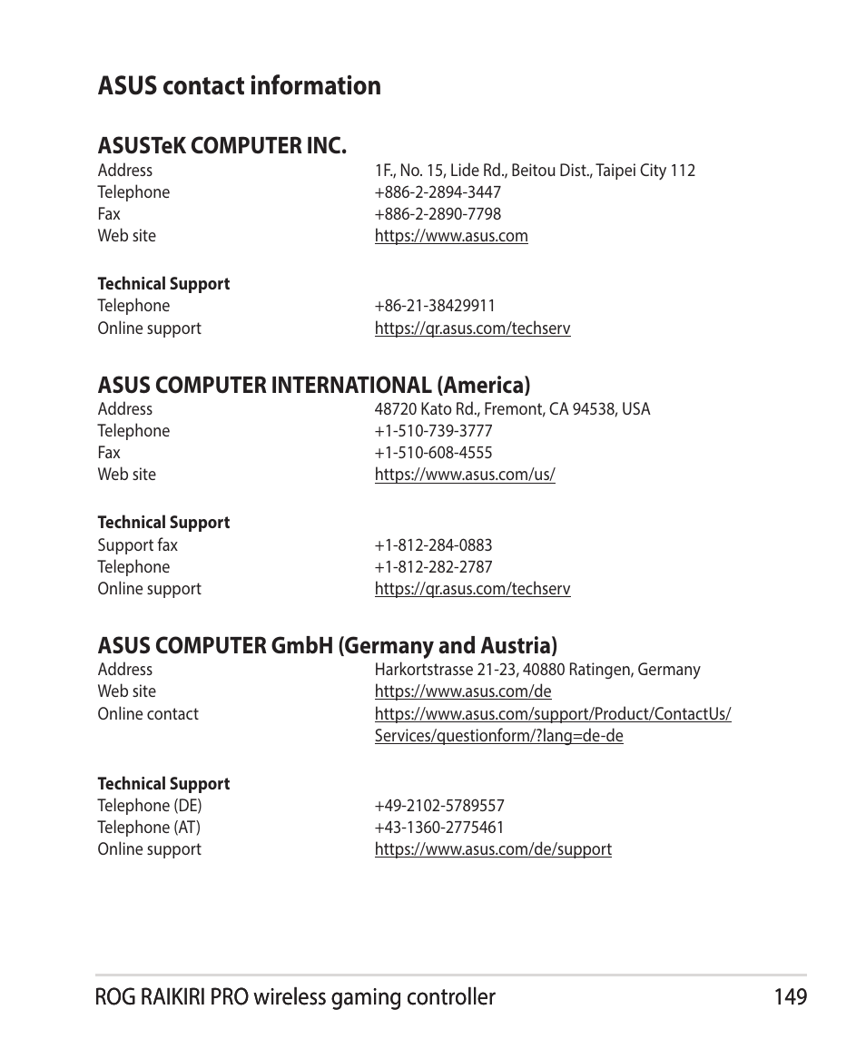 Asus contact information, Asustek computer inc, Asus computer international (america) | Asus computer gmbh (germany and austria) | Asus ROG Raikiri Pro Gaming Controller User Manual | Page 149 / 150