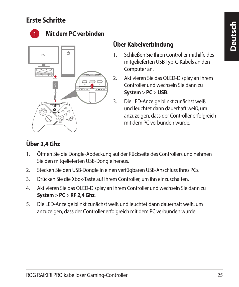 Deutsch, Erste schritte | Asus ROG Raikiri Pro Gaming Controller User Manual | Page 25 / 150
