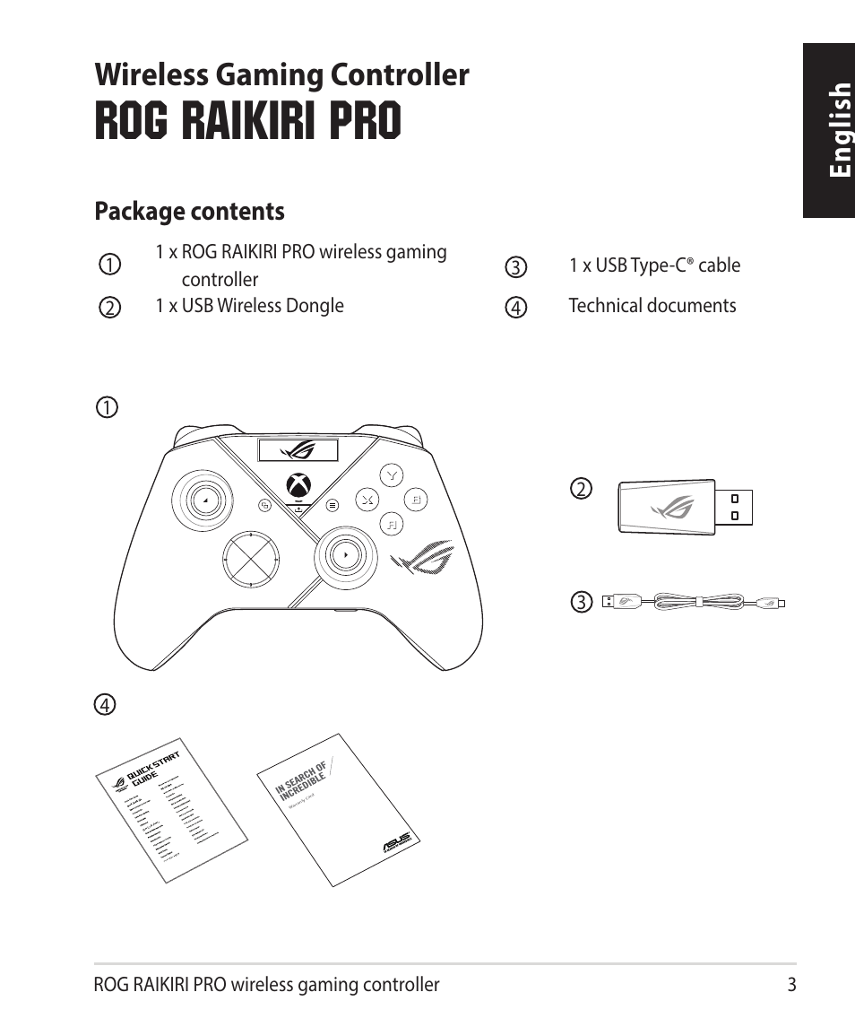 English, Rog raikiri pro, Wireless gaming controller | Package contents | Asus ROG Raikiri Pro Gaming Controller User Manual | Page 3 / 150