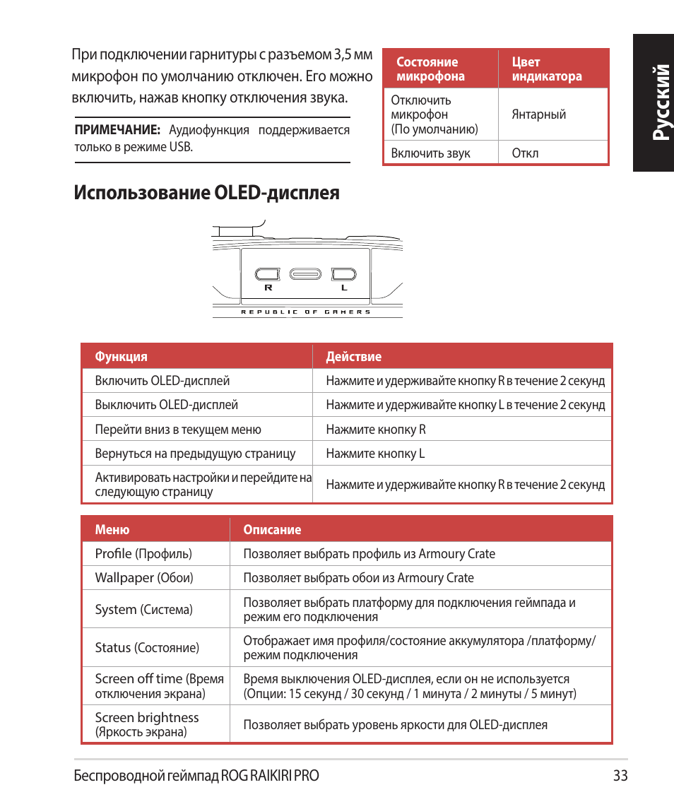Ру сский, Использование oled-дисплея | Asus ROG Raikiri Pro Gaming Controller User Manual | Page 33 / 150