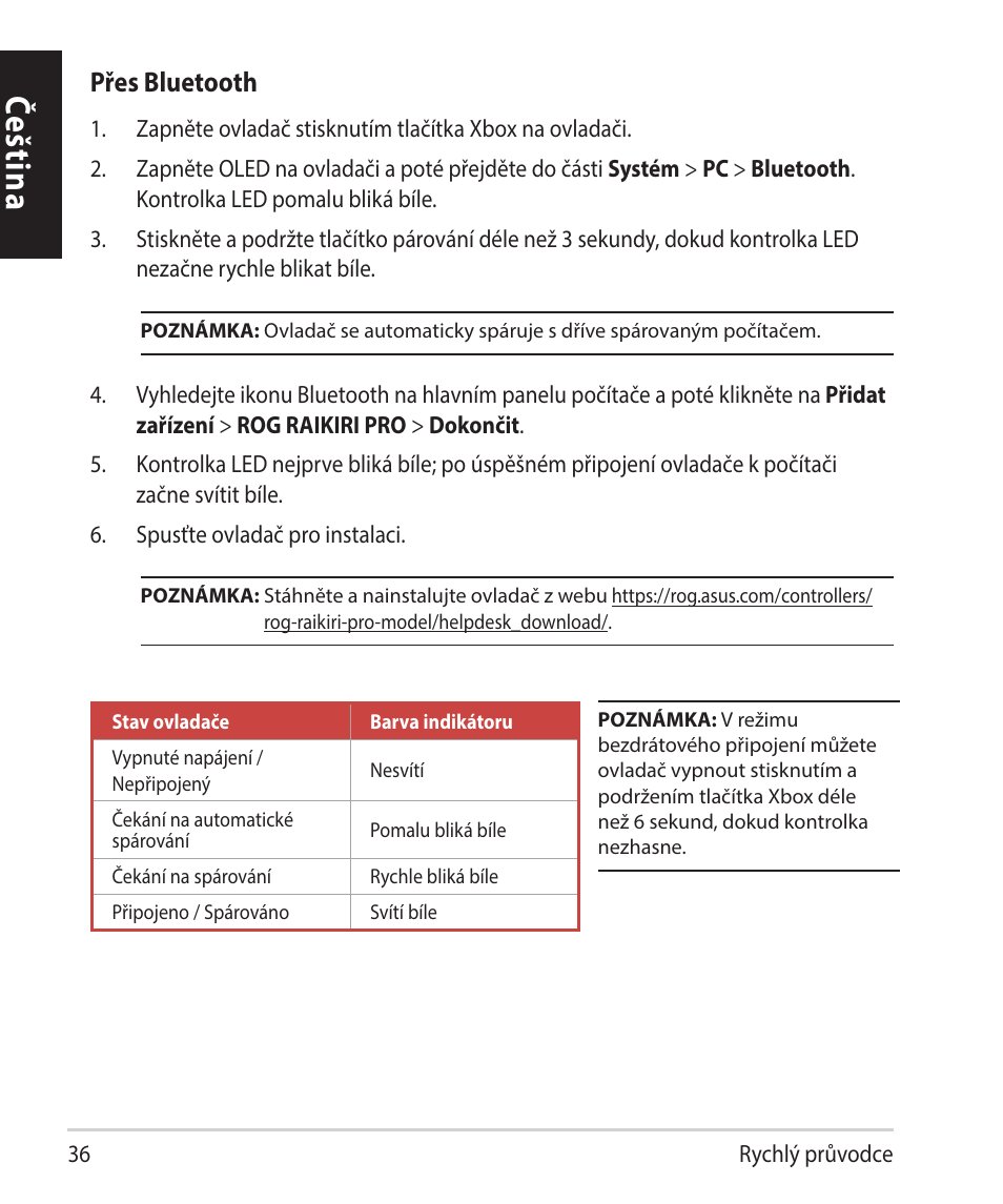 Čeština, Přes bluetooth | Asus ROG Raikiri Pro Gaming Controller User Manual | Page 36 / 150