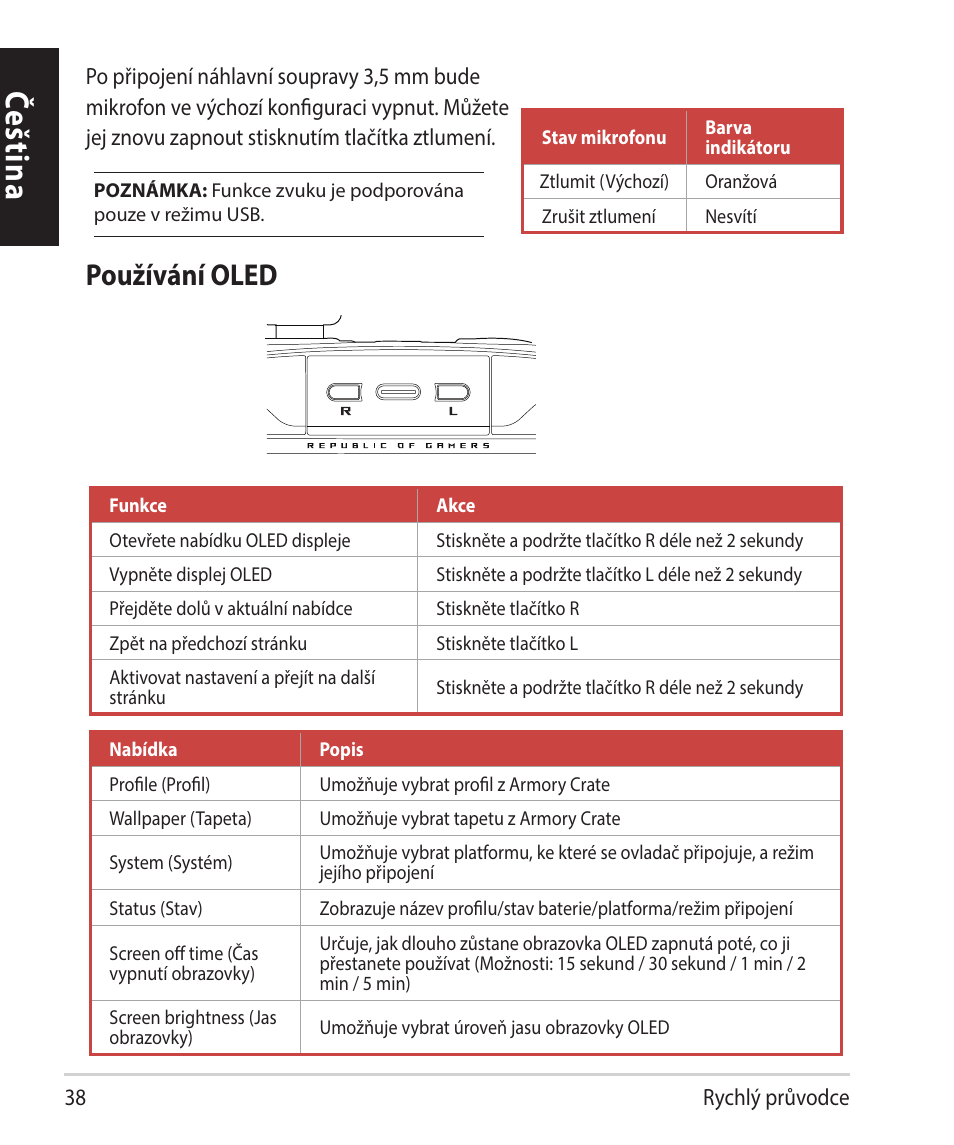 Čeština, Používání oled | Asus ROG Raikiri Pro Gaming Controller User Manual | Page 38 / 150