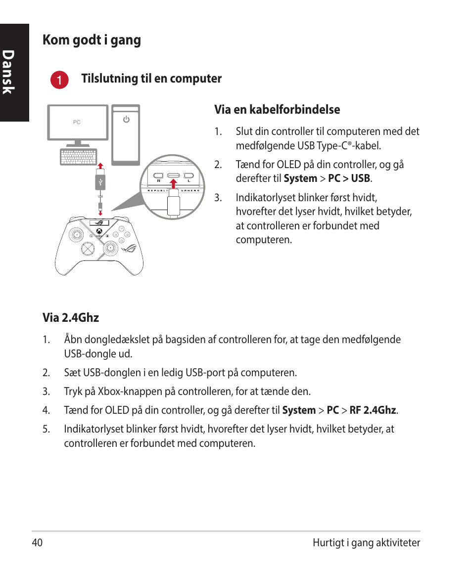 Dansk, Kom godt i gang | Asus ROG Raikiri Pro Gaming Controller User Manual | Page 40 / 150