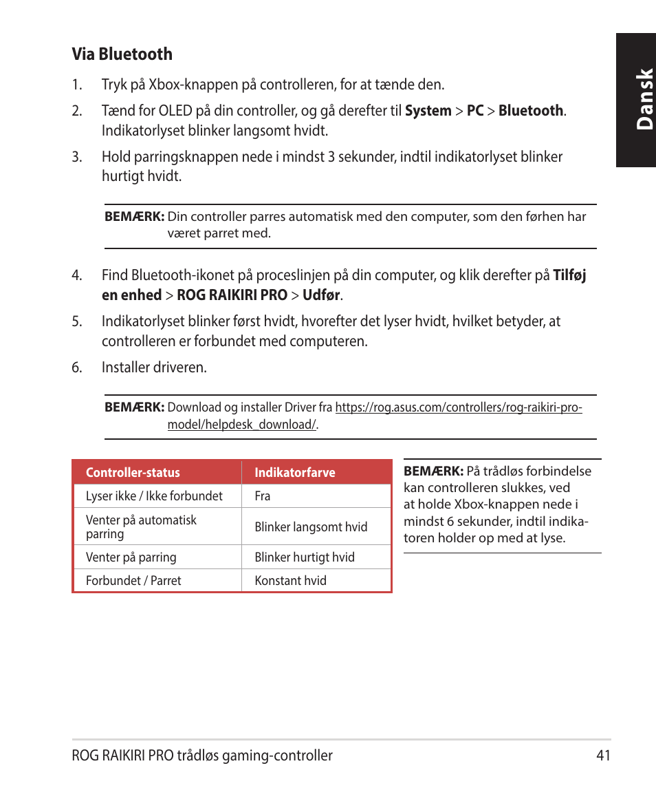 Dansk, Via bluetooth | Asus ROG Raikiri Pro Gaming Controller User Manual | Page 41 / 150