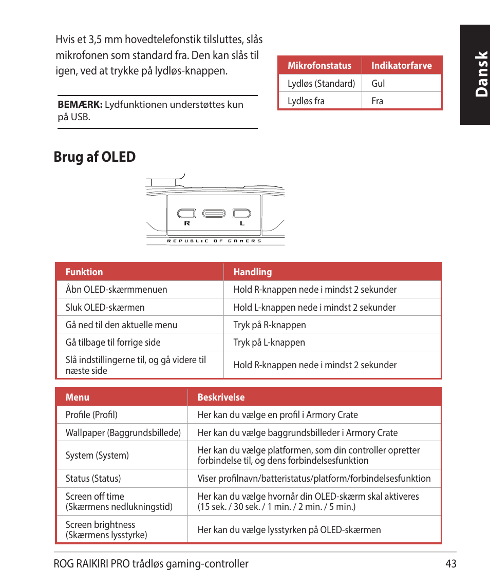 Dansk, Brug af oled | Asus ROG Raikiri Pro Gaming Controller User Manual | Page 43 / 150