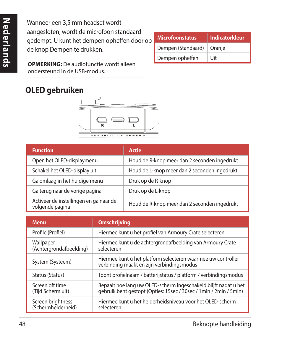 Neder lands, Oled gebruiken | Asus ROG Raikiri Pro Gaming Controller User Manual | Page 48 / 150