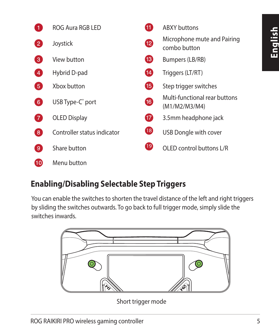 English, Enabling/disabling selectable step triggers | Asus ROG Raikiri Pro Gaming Controller User Manual | Page 5 / 150