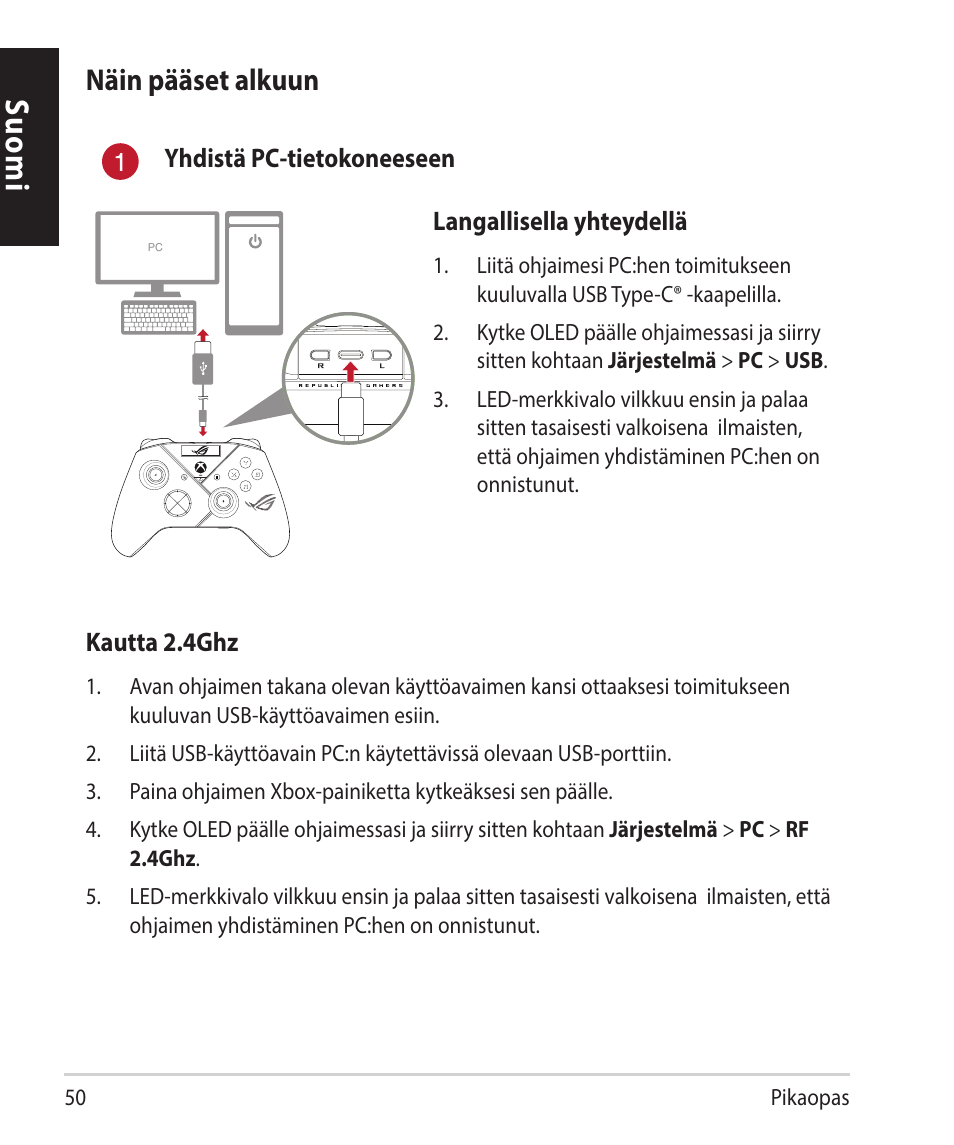 Suomi, Näin pääset alkuun | Asus ROG Raikiri Pro Gaming Controller User Manual | Page 50 / 150