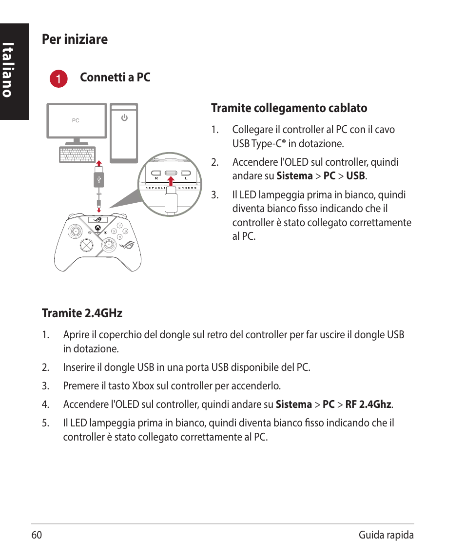 Italiano, Per iniziare | Asus ROG Raikiri Pro Gaming Controller User Manual | Page 60 / 150