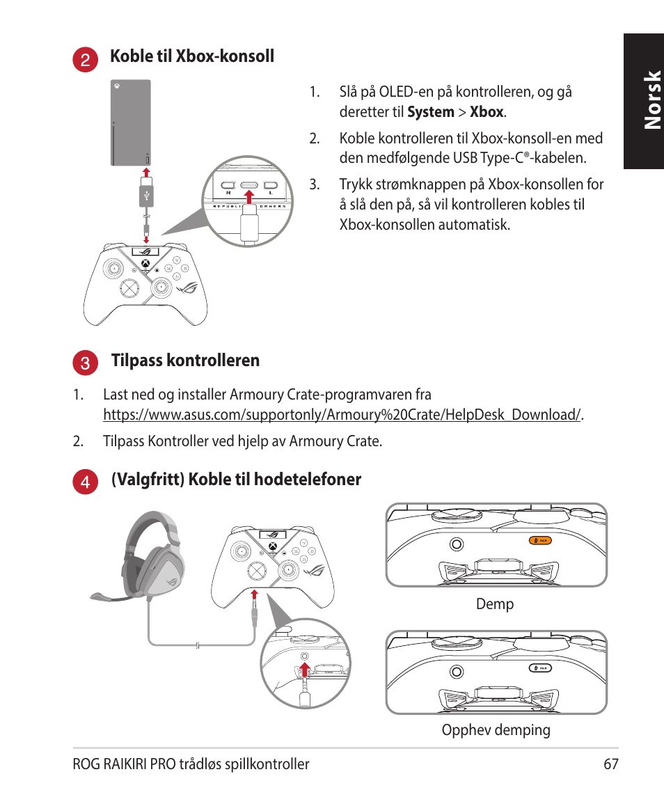 Norsk | Asus ROG Raikiri Pro Gaming Controller User Manual | Page 67 / 150