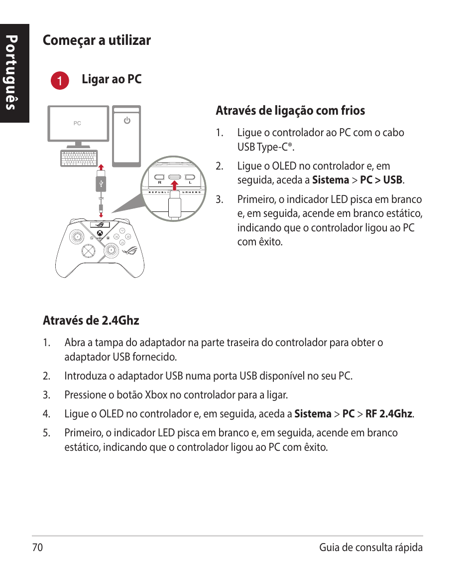 Por tuguês, Começar a utilizar | Asus ROG Raikiri Pro Gaming Controller User Manual | Page 70 / 150