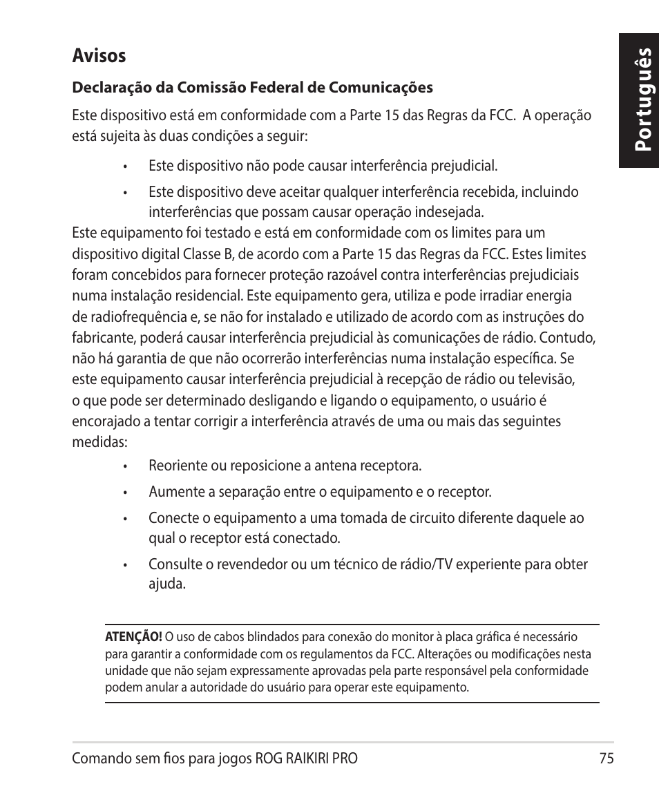 Por tuguês, Avisos | Asus ROG Raikiri Pro Gaming Controller User Manual | Page 75 / 150