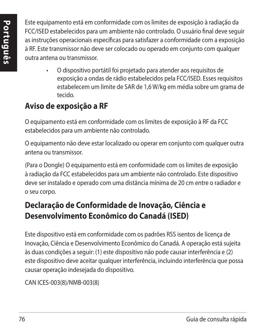 Por tuguês, Aviso de exposição a rf | Asus ROG Raikiri Pro Gaming Controller User Manual | Page 76 / 150