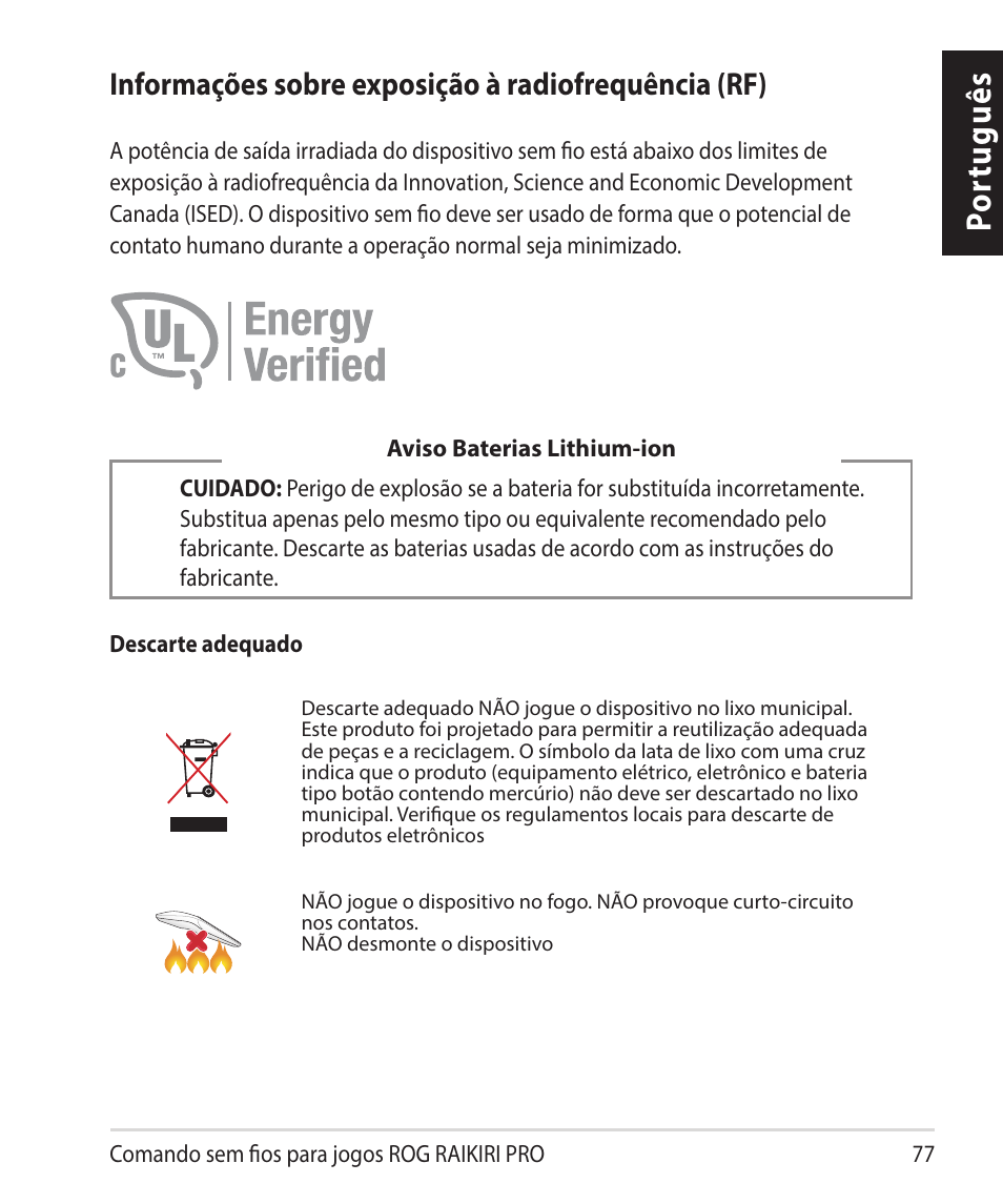 Por tuguês, Informações sobre exposição à radiofrequência (rf) | Asus ROG Raikiri Pro Gaming Controller User Manual | Page 77 / 150