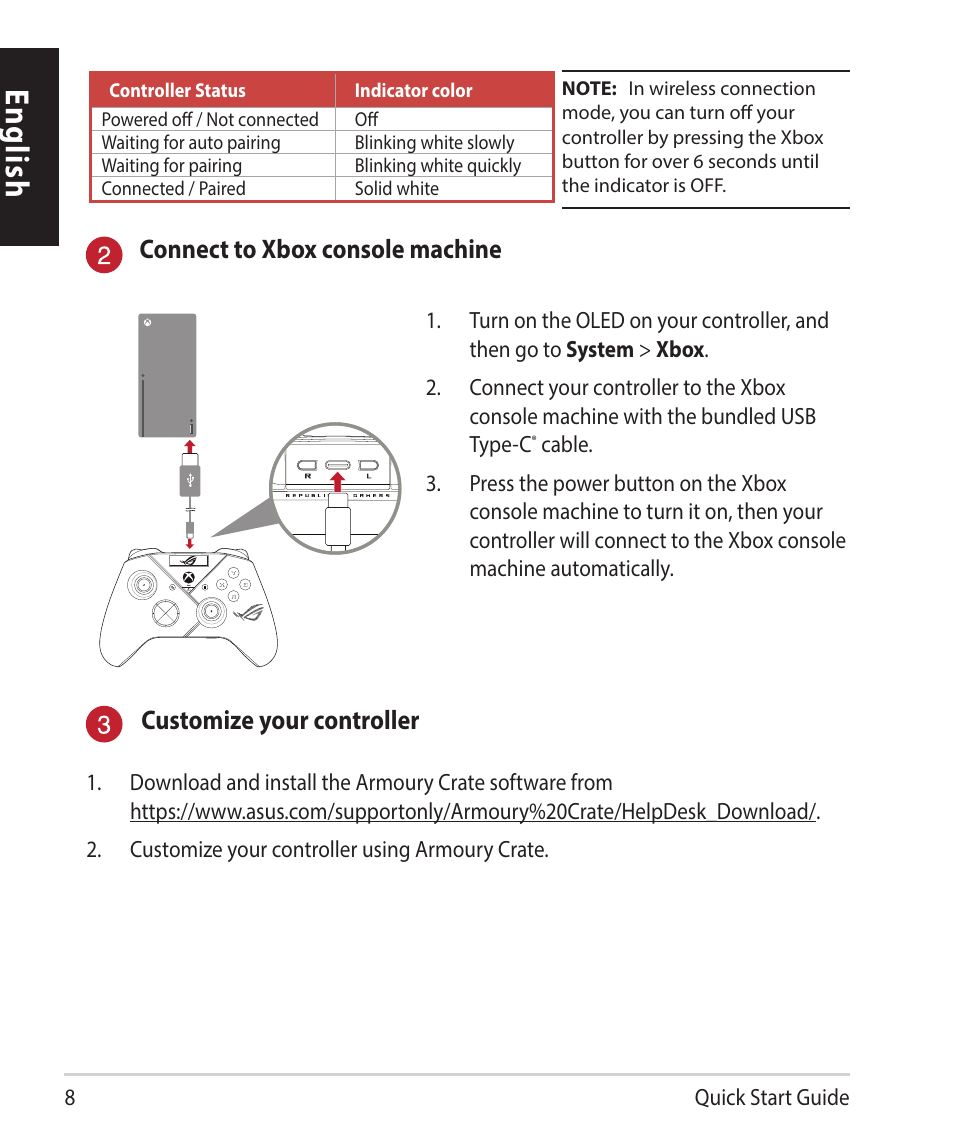 English, Connect to xbox console machine, Customize your controller | Asus ROG Raikiri Pro Gaming Controller User Manual | Page 8 / 150