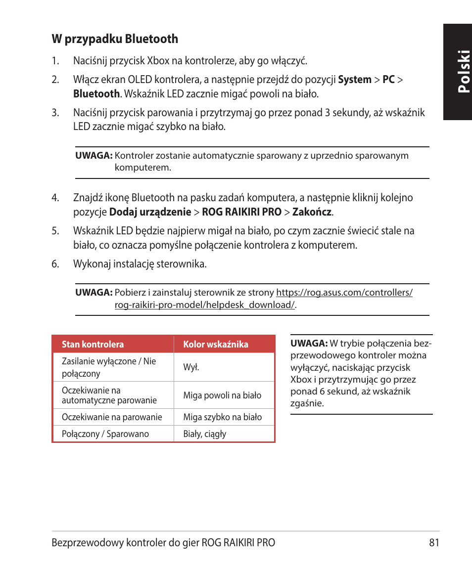 Polsk i, W przypadku bluetooth | Asus ROG Raikiri Pro Gaming Controller User Manual | Page 81 / 150