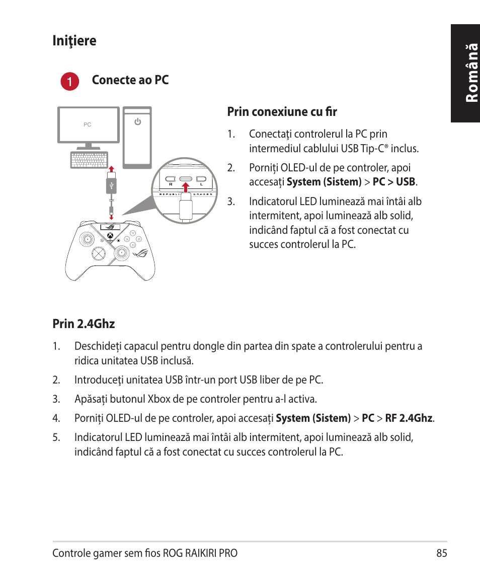 Română, Iniţiere | Asus ROG Raikiri Pro Gaming Controller User Manual | Page 85 / 150