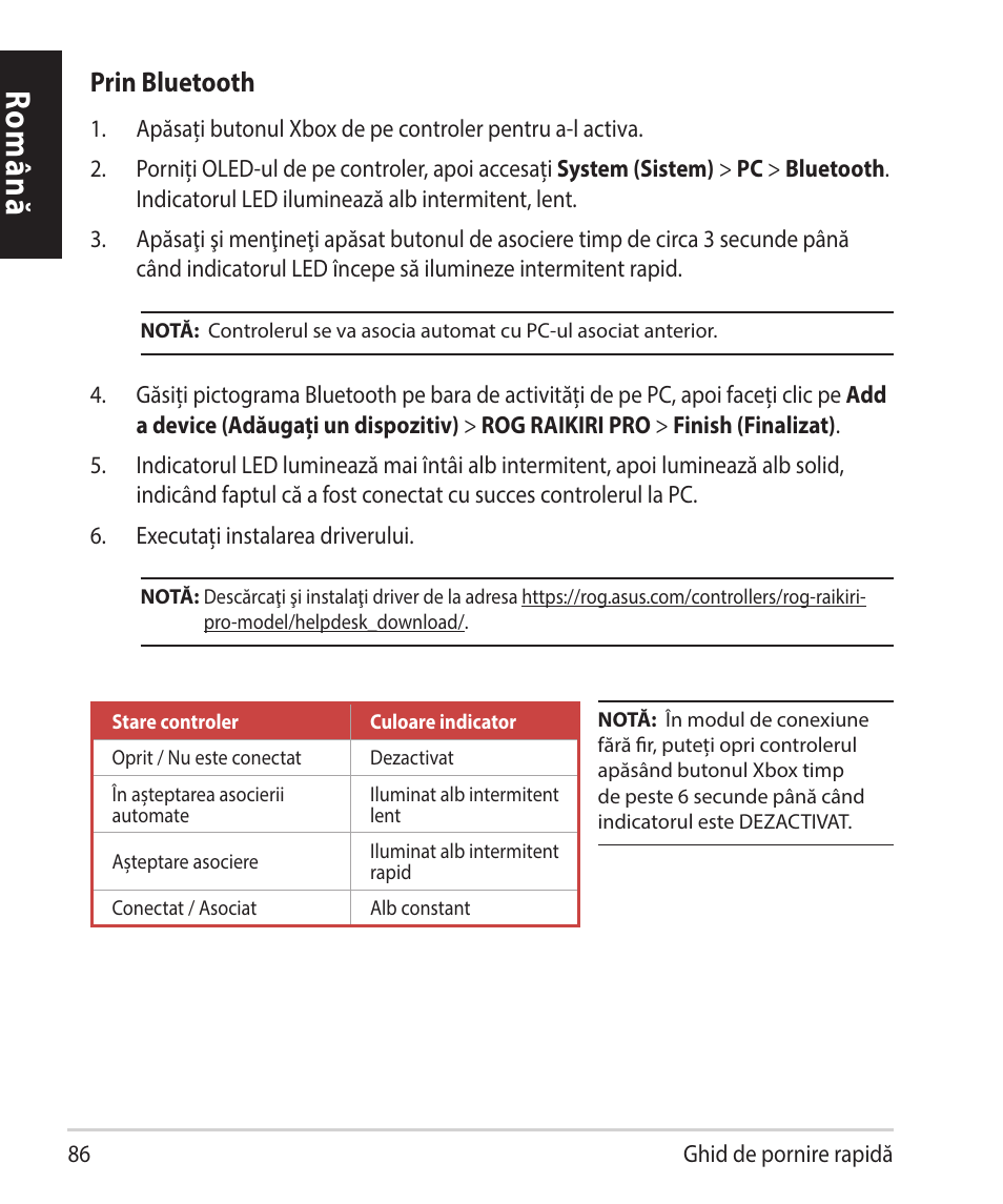 Română, Prin bluetooth | Asus ROG Raikiri Pro Gaming Controller User Manual | Page 86 / 150