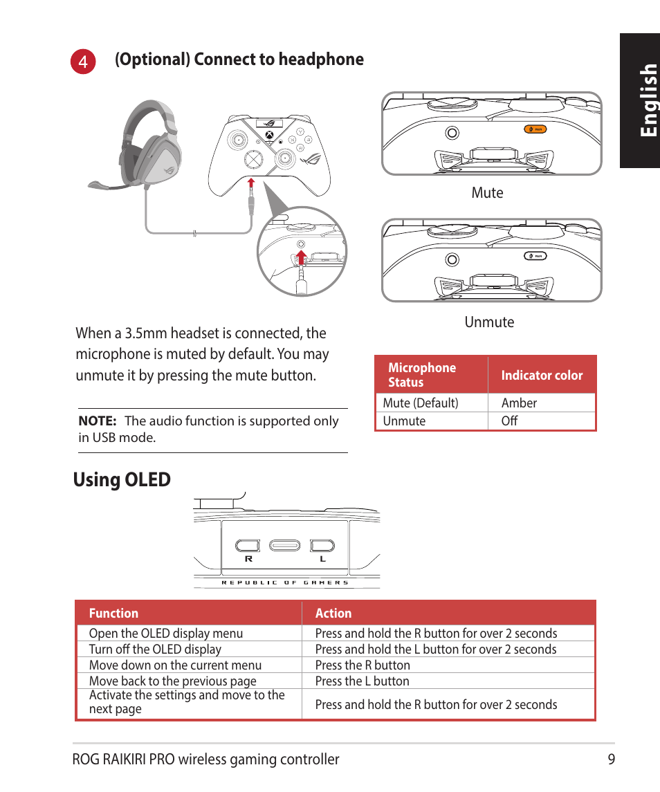 English, Using oled, Optional) connect to headphone | Asus ROG Raikiri Pro Gaming Controller User Manual | Page 9 / 150