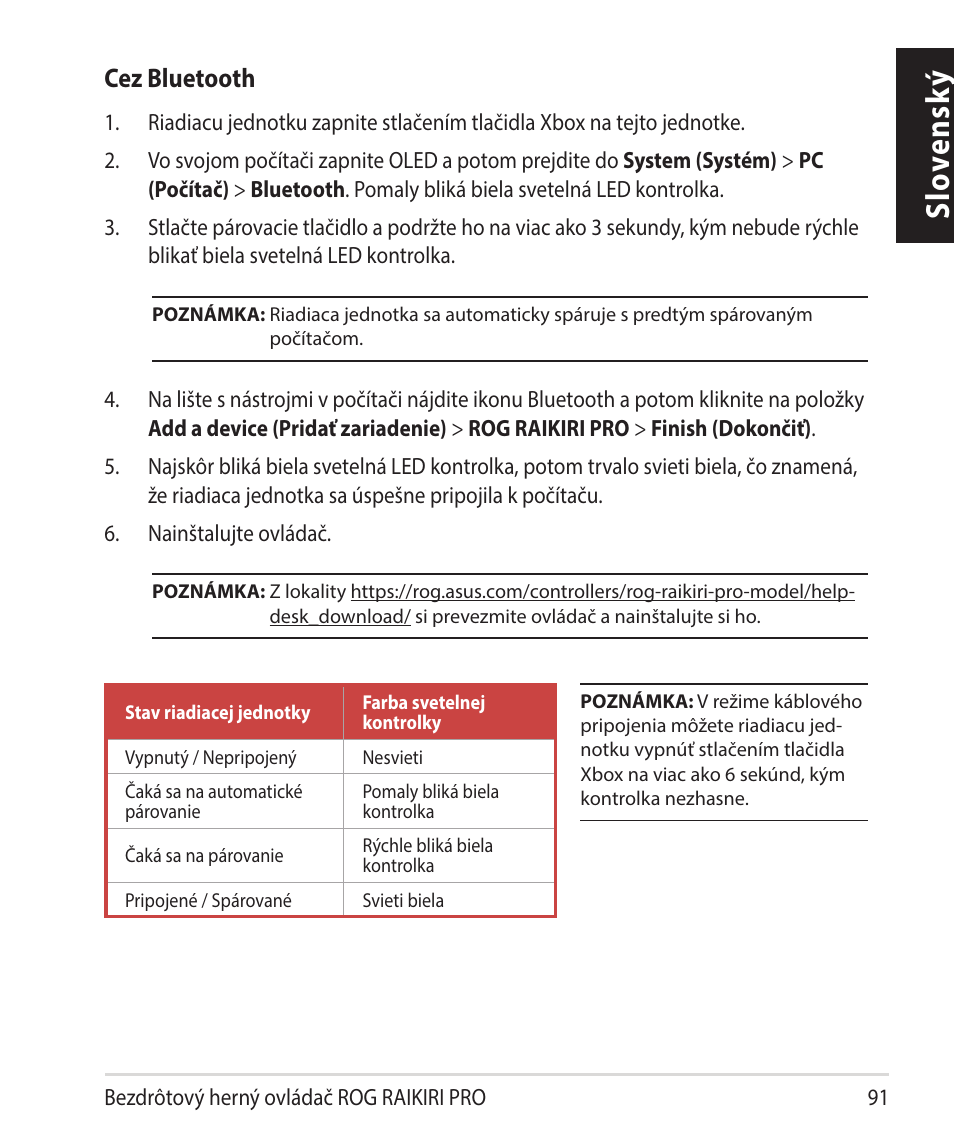 Slo vensk ý, Cez bluetooth | Asus ROG Raikiri Pro Gaming Controller User Manual | Page 91 / 150