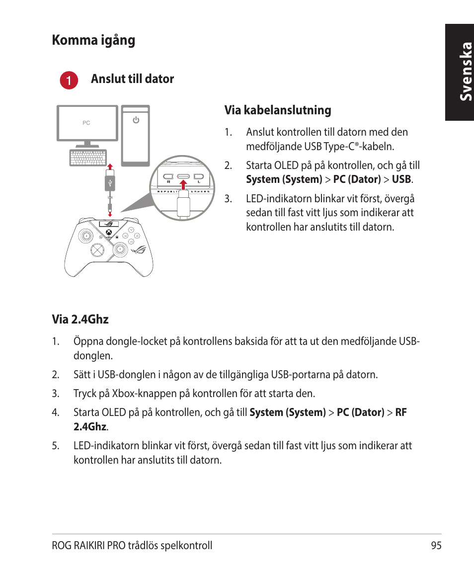 Sv ensk a, Komma igång | Asus ROG Raikiri Pro Gaming Controller User Manual | Page 95 / 150