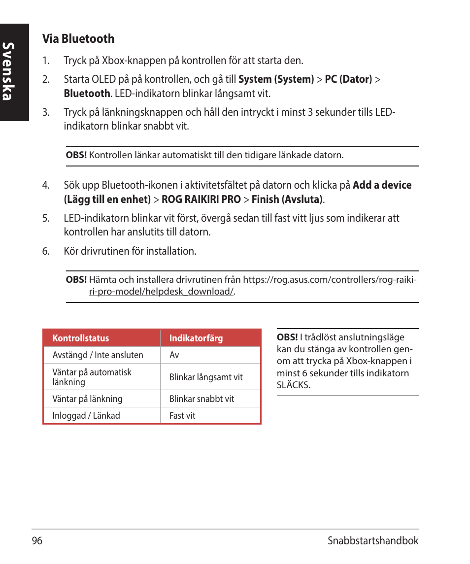 Sv ensk a, Via bluetooth | Asus ROG Raikiri Pro Gaming Controller User Manual | Page 96 / 150