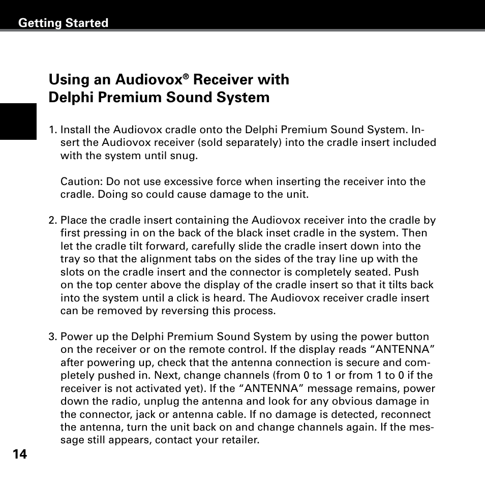 Using an audiovox, Receiver with delphi premium sound system | Delphi XM SKYFI3 User Manual | Page 18 / 40