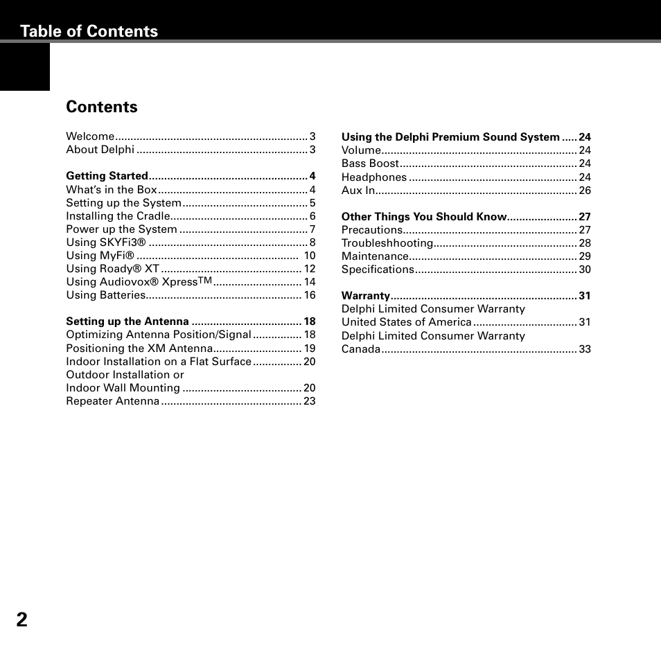 Table of contents contents | Delphi XM SKYFI3 User Manual | Page 6 / 40