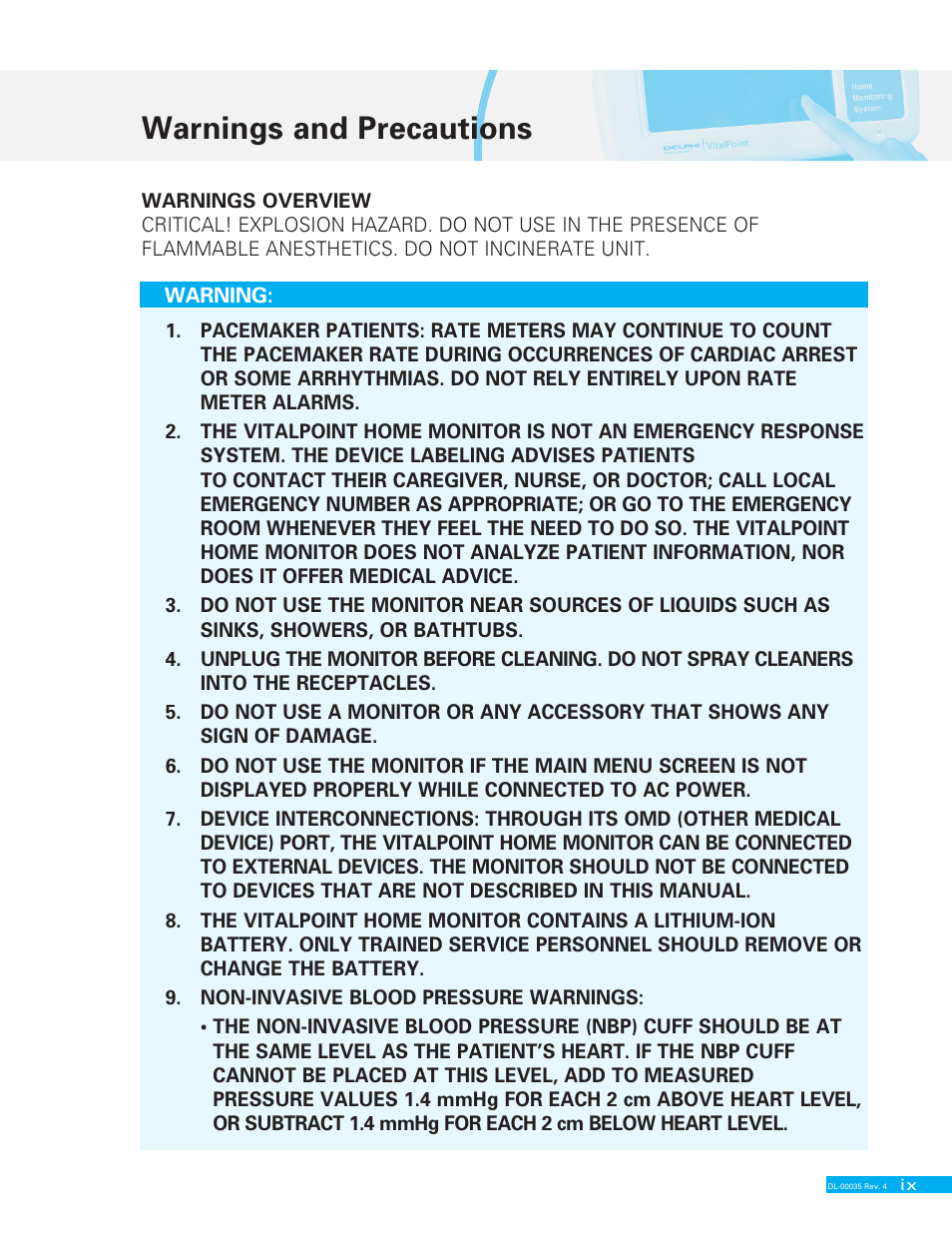 Warnings and precautions | Delphi VITALPOINT II DL-00035 User Manual | Page 9 / 40