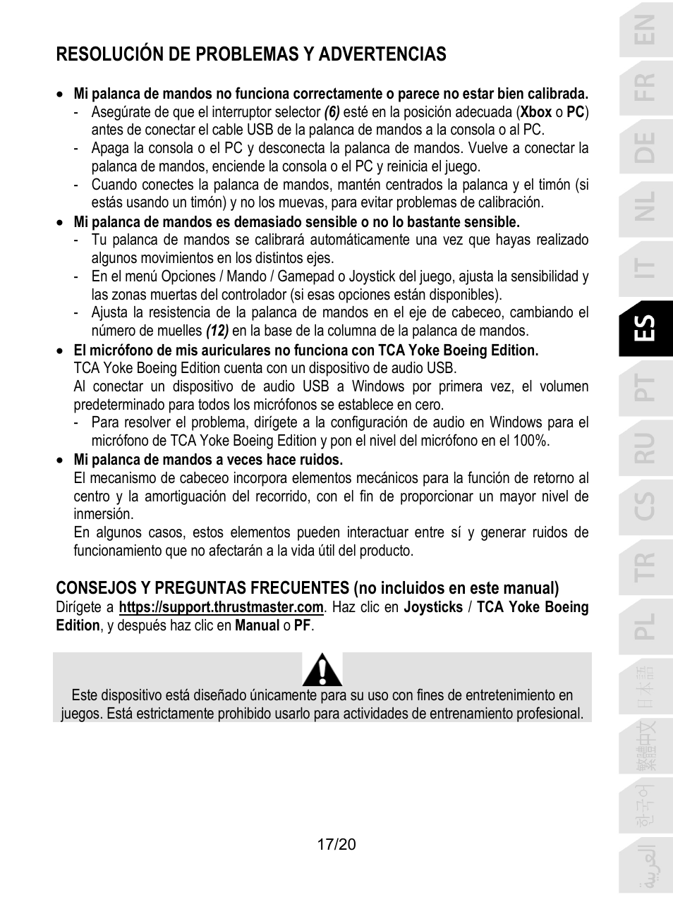 Resolución de problemas y advertencias | Thrustmaster TCA Yoke Boeing Edition Flight Stick User Manual | Page 118 / 415