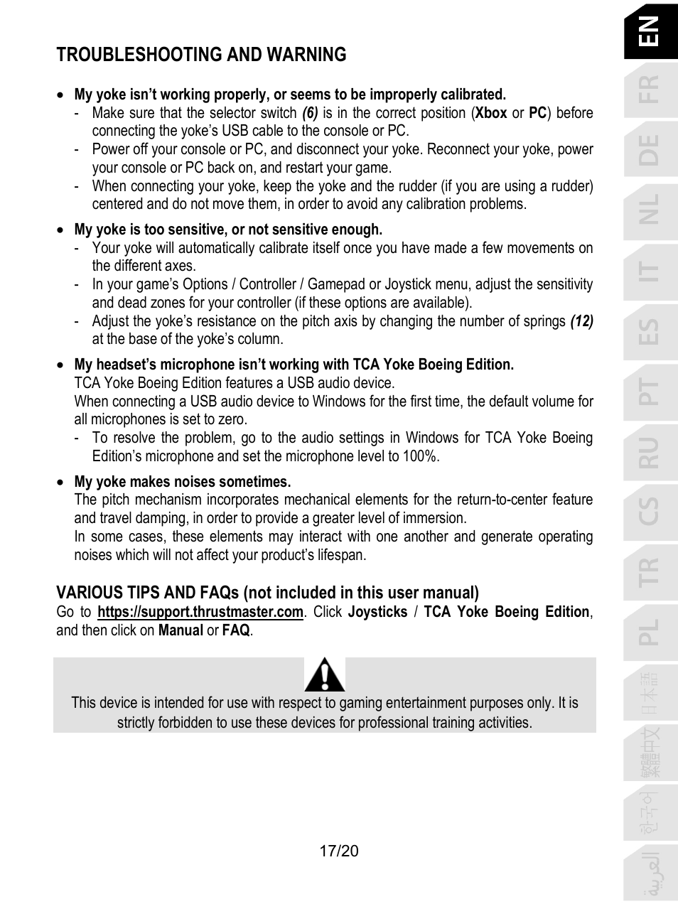 Troubleshooting and warning | Thrustmaster TCA Yoke Boeing Edition Flight Stick User Manual | Page 18 / 415