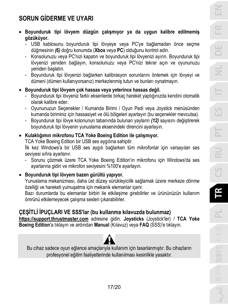 Sorun gi̇derme ve uyari | Thrustmaster TCA Yoke Boeing Edition Flight Stick User Manual | Page 198 / 415