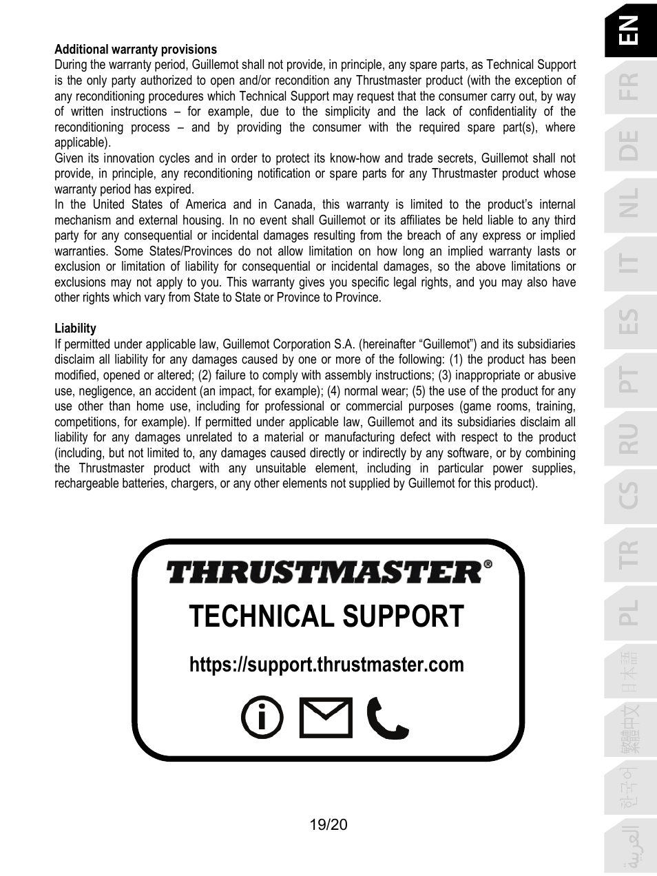 Technical support | Thrustmaster TCA Yoke Boeing Edition Flight Stick User Manual | Page 20 / 415