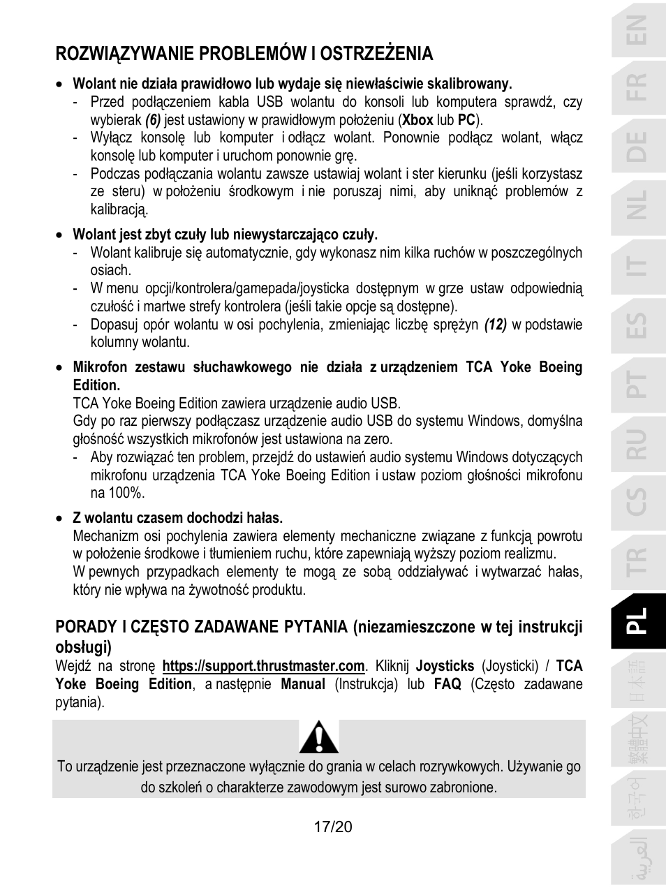 Rozwiązywanie problemów i ostrzeżenia | Thrustmaster TCA Yoke Boeing Edition Flight Stick User Manual | Page 218 / 415