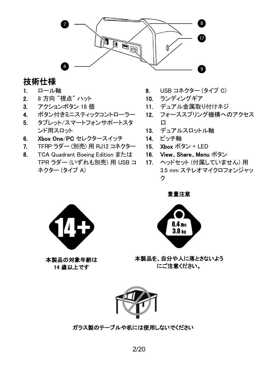 技術仕様 | Thrustmaster TCA Yoke Boeing Edition Flight Stick User Manual | Page 223 / 415